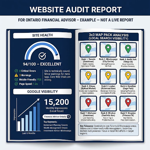 Sample page from the free foundation audit report for an Ontario financial advisor, including a Maps presence grid.