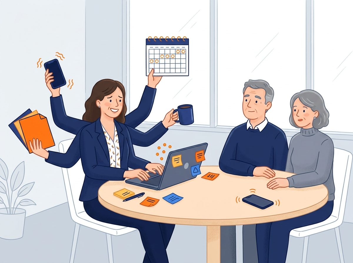 An agent with six arms juggles a ringing phone, a laptop covered in sticky notes, files, a calendar and coffee while trying to listen to a couple across the table.