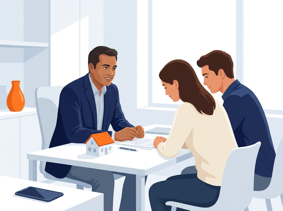 A mortgage agent gives a young couple his full attention, a small model house on the desk and his phone face-down beside him.